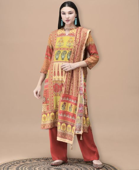 Shree Women Liva Mustard Mughal Print Kurta Comfort Pant Dupatta
